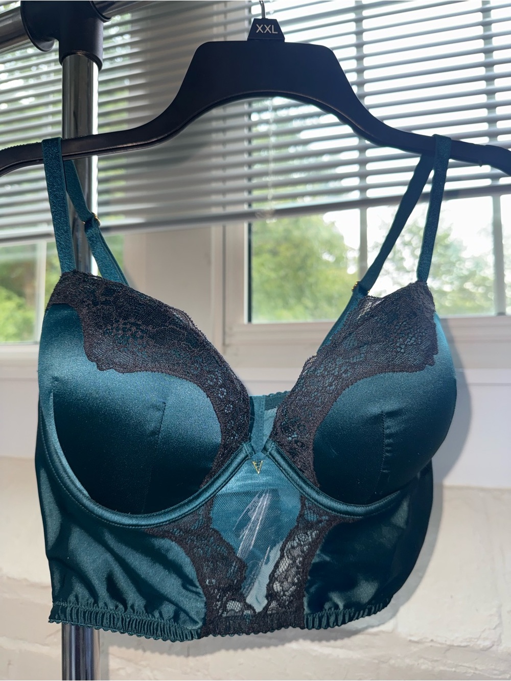 Victoria's Secret Very Sexy Teal Satin Longline Bra with Black Lace